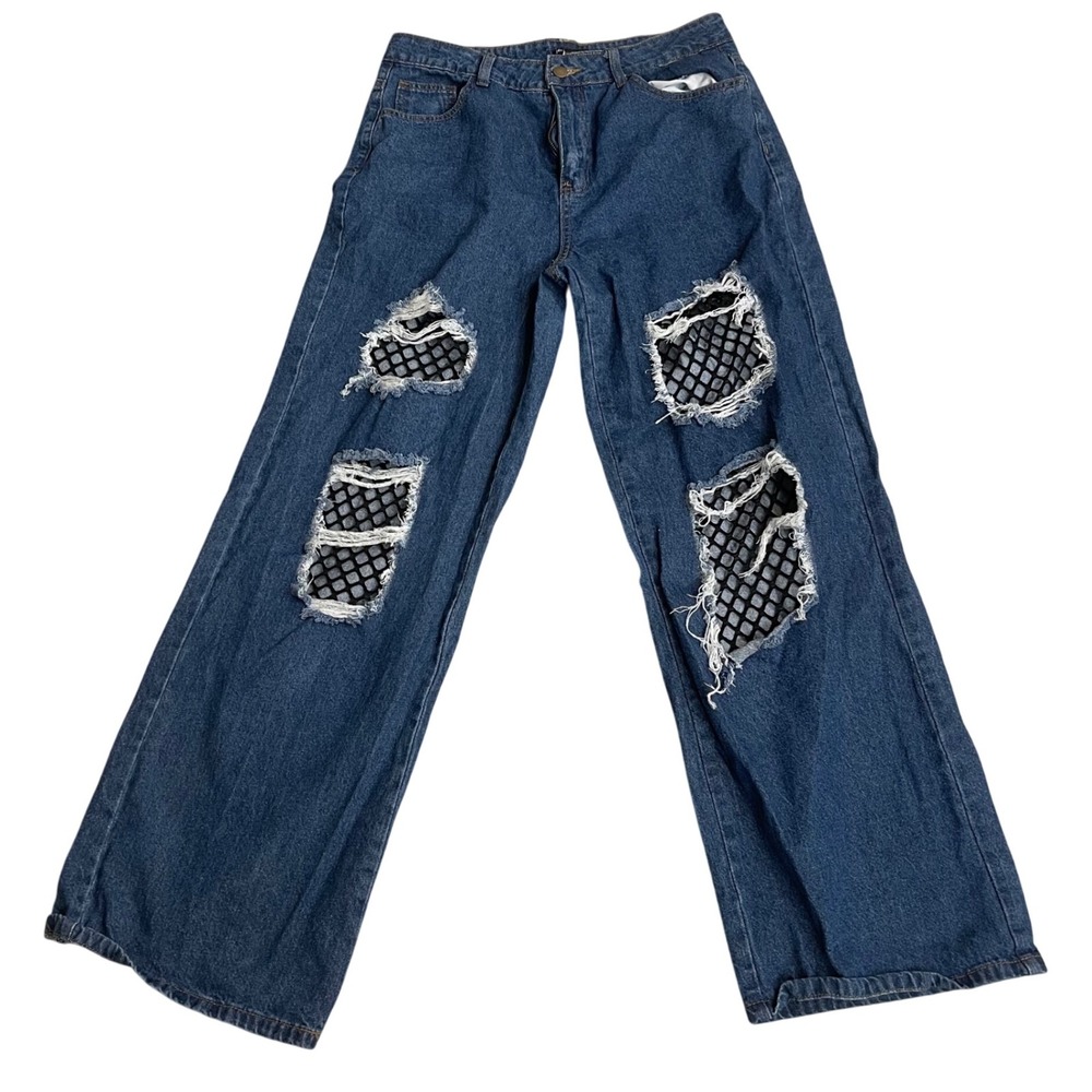 Hot Topic Womens Indigo‎ Destructed Fishnet Wide Leg Denim Pants Ripped large